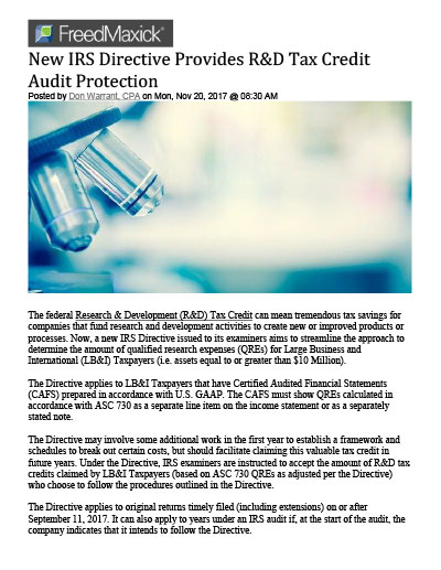 New IRS Directive Provides R & D Tax Credit Audit Protection